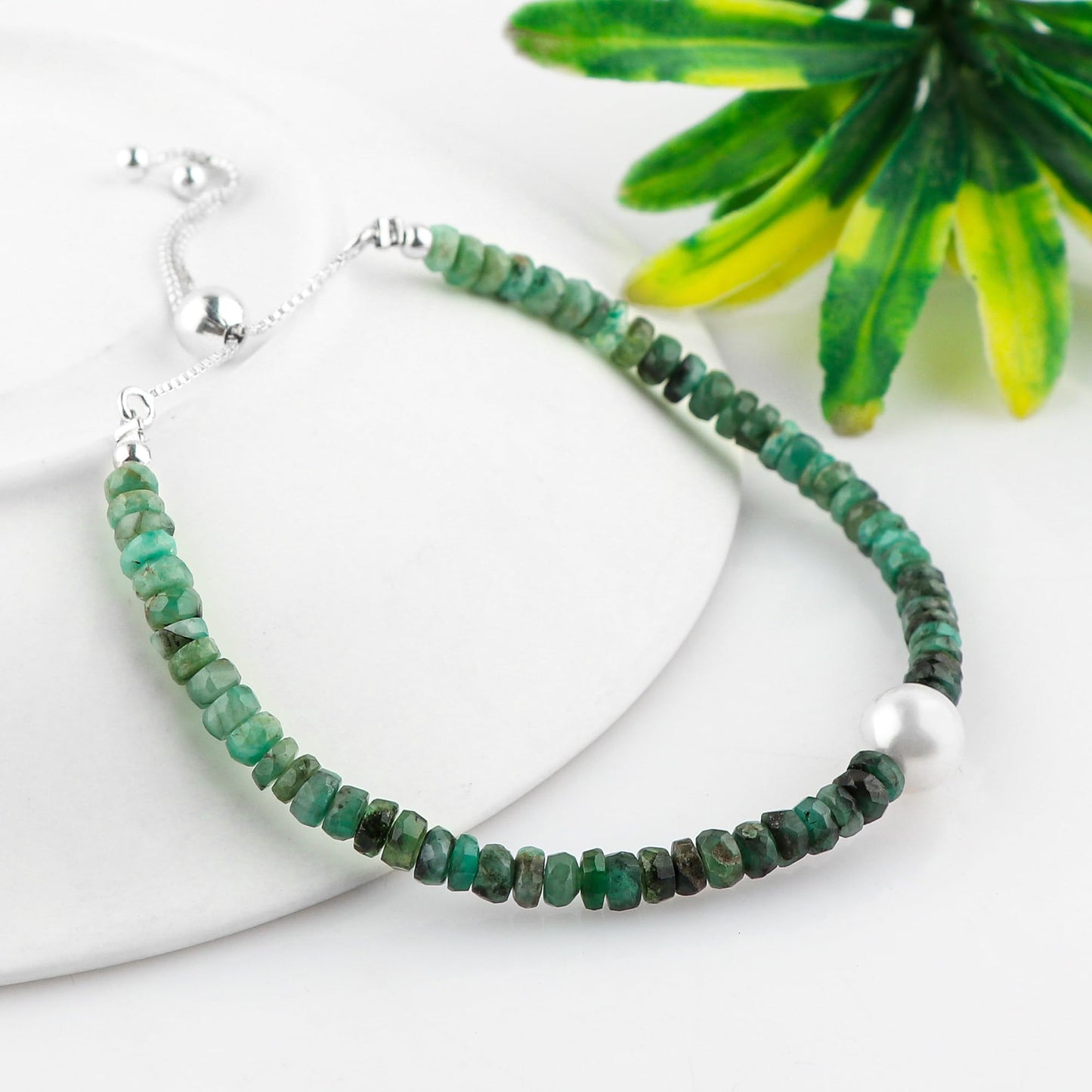 CRYSTALINES Natural Shaded Emerald Gemstones Bolo Bracelet With Pearl, High Grade Stones, Handmade Jewelry, Healing Crystals, Silver Plated Adjustable Slider, Birthday Mothers Day Gift for Women