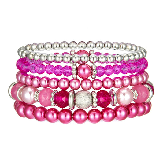 Noessla Beaded Pearl Stretch Bracelet Silver Stackable Crystal Beads Bracelets Trendy Costume Jewelry Mothers Day Gifts for Women(Hot pink)