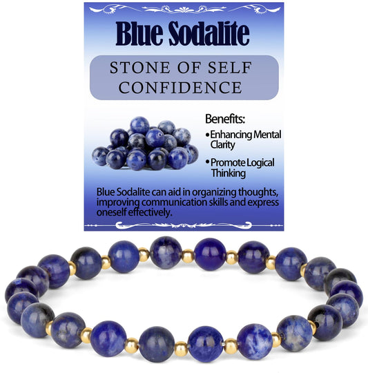 QOGIR Blue Sodalite - Self Confidence - 14K Gold Plated Beads Natural Gemstone Stretch Elastic Dainty Healing Beaded Bracelets Gifts 6mm