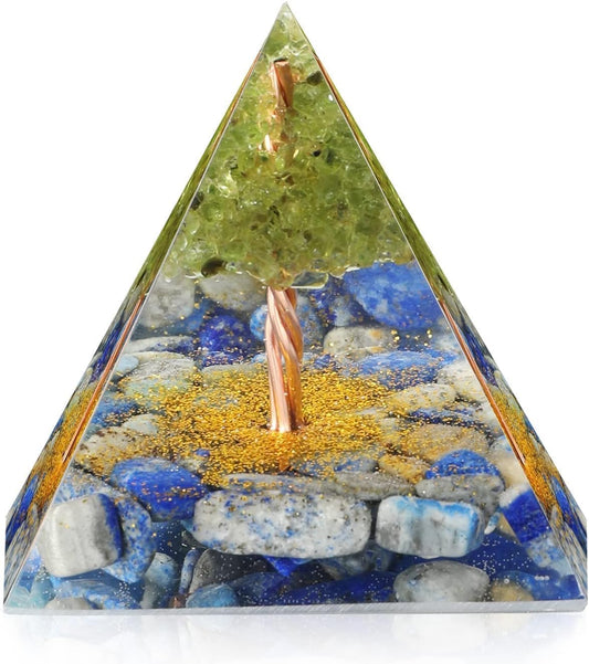 EternalOrgone Tree of Life Orgone Pyramid for Positive Energy, Orgonite Peridot&Lapis Lazuli Healing Crystal Pyramids for Reduce Stress Chakra Reiki Healing Meditation Attracts Lucky and Success