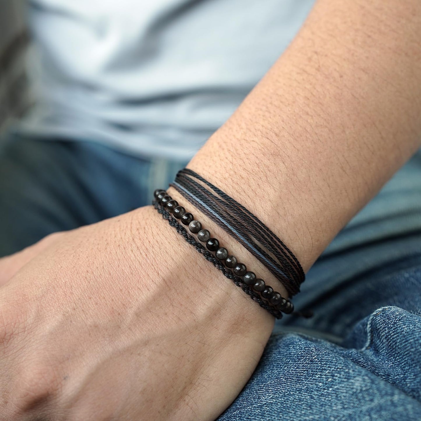Handmade Natural Stone Beaded Healing Bracelet Gift for Men Adjustable Rope String Bracelet (Silver Sheen Obsidian, Adjustable)