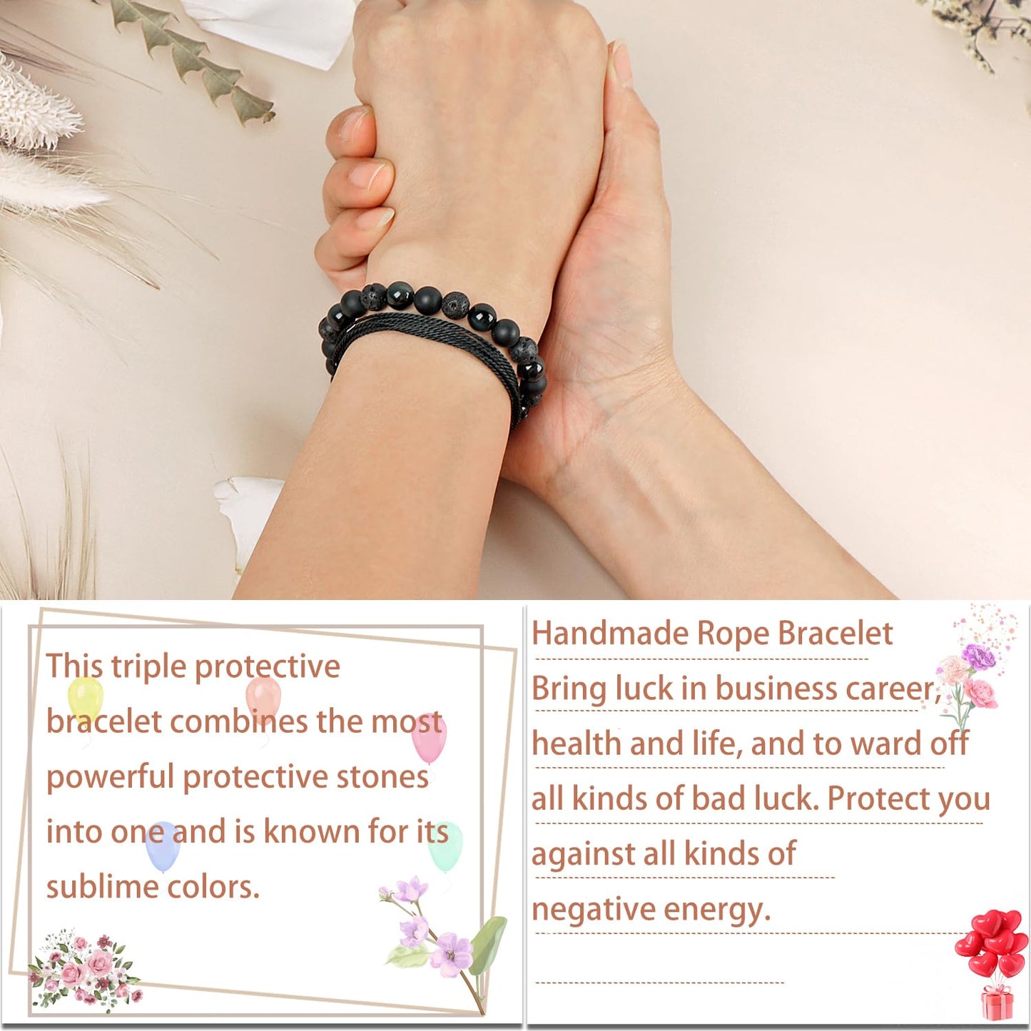 LPBeads 8mm Onyx Lava Obsidian Mixed stone Bracelet with Handmade Rope Bracelet Size Adjustable Natural Stone Crystal Healing Bracelets Gifts for Unisex Adults