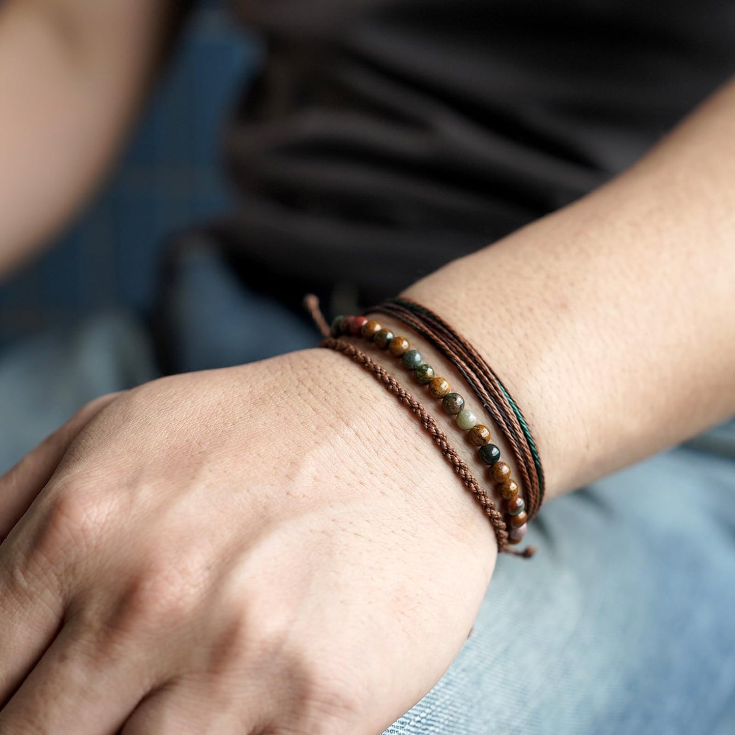 Handmade Natural Stone Beaded Healing Bracelet Gift for Men Adjustable Rope String Bracelet (Ocean Agate, Adjustable)