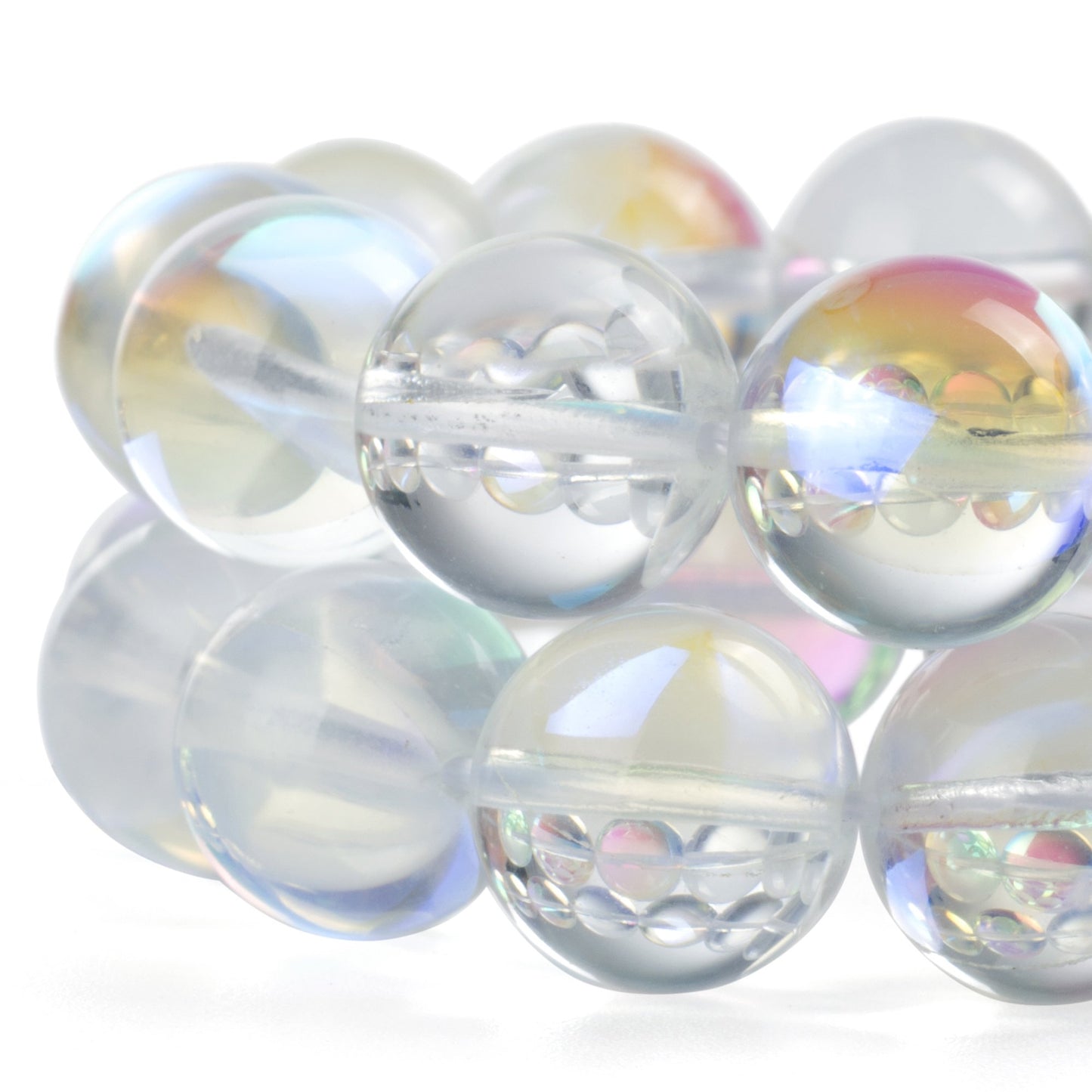 RUBYCA Round Moonstone Crystal Glass Beads Aura Iridescent for Jewelry Making (1 Strand, 8mm, White)