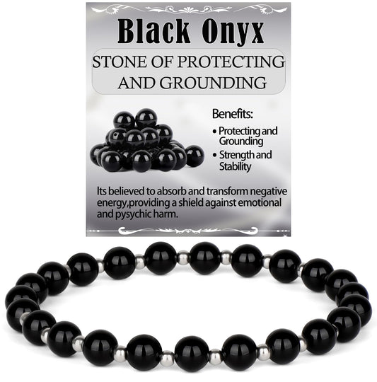 QOGIR Black Onyx - Protecting and Grounding - Stainless Silver Beads Natural Gemstone Stretch Elastic Dainty Healing Beaded Bracelets Gifts 6mm