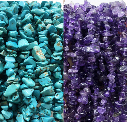 favoramulet 5-8mm Green Howlite Turquoise & Amethyst Tumbled Stone Chip Beads for Jewelry Making, Irregular Shaped Healing Crystal Loose Bead Supply, Pack of 2 Strands(64 inches)