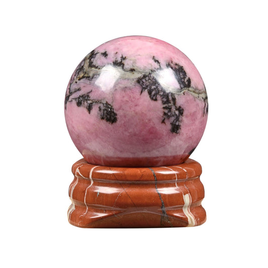 Justinstones Natural Polished Matrix Rhodonite Sphere with Red Jasper Stand – Handcrafted Gemstone 30mm Ball for Energy Healing, Meditation, and Home Décor