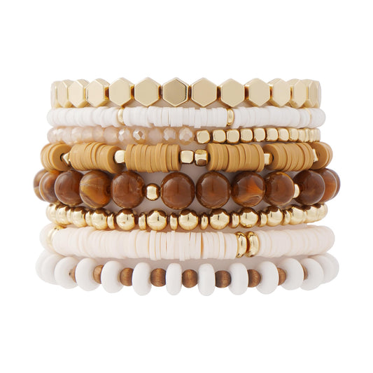 GOOJIDS Surfer Heishi Clay Bead Bracelets for Women Bohemian Stackable Gold Plated Beaded Stretch Bracelets Elastic Layering Friendship Brown Bracelets Set Boho Jewelry