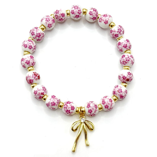 Vintage Beaded Charm Bracelet for Women - Handmade Stretch Floral Bow Design, Dainty Jewelry Gift for Her, Adjustable Romantic Bracelets for Everyday Wear (Pink)