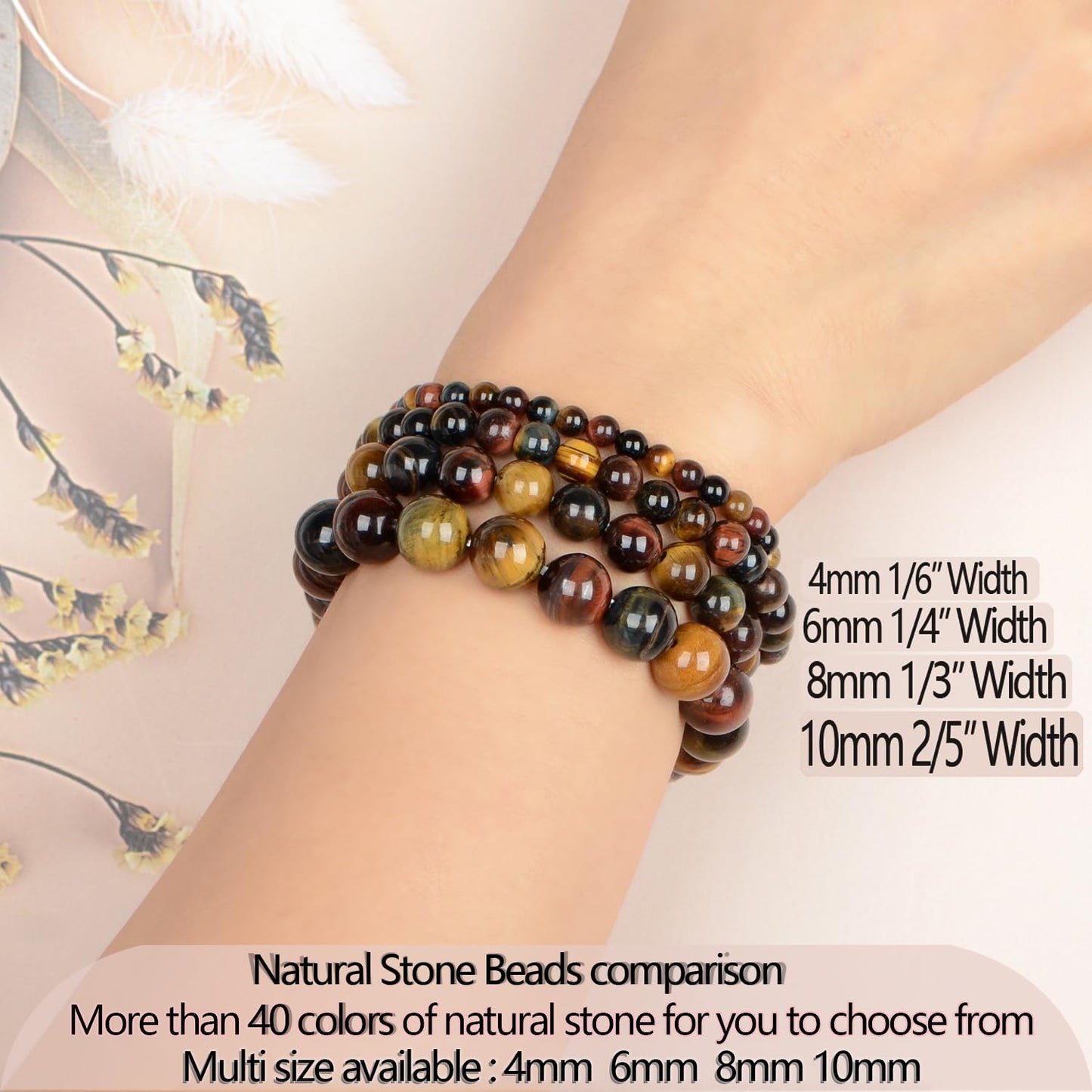 LPBeads Handmade Natural Gemstone Stretch Elastic 10mm Multicolor Tiger's Eye Bracelet Healing Crystal Round Stone Beads Jewelry Gifts for Women Men