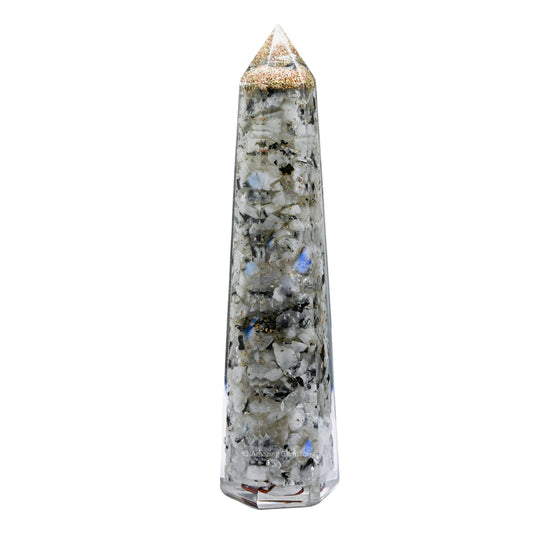 Amazing Gemstone Rainbow Moonstone Orgonite Orgone Crystal Towers - Large 4.5" Orgonite Crystal Wand Obelisk Tower Point for Meditation, Crystals and Healing Stones Gift and Protection