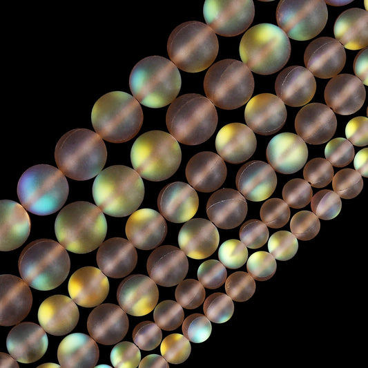 Matte Brown Aurora Crystal Glass Beads, 6MM Frosted Glitter Shining Mermaid Round Loose Beads, Rainbow Holographic Synthetic Moonstone for Jewelry Making DIY Bracelet