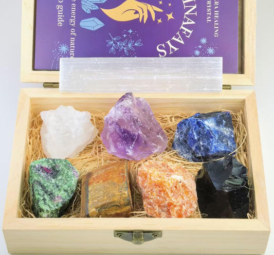 Atminafays Healing Crystals Set – 7 Raw Chakra Stones & Selenite Stick | Unpolished Crystal Healing Stones for Meditation, Yoga, Reiki | Wooden Box with Velvet Pouch & Guide