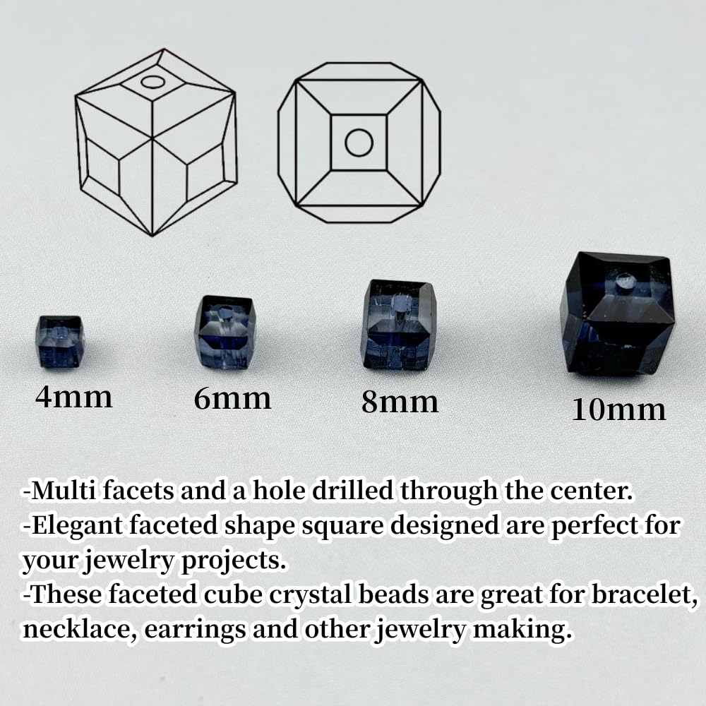 YUEXIGO 100pcs 8mm Cube Crystal Glass Beads for Jewelry Making Faceted Square Crystal Glass Bead Spacer Beads Loose Beads for Bracelet Earring Necklace DIY Craft(Ink Blue)