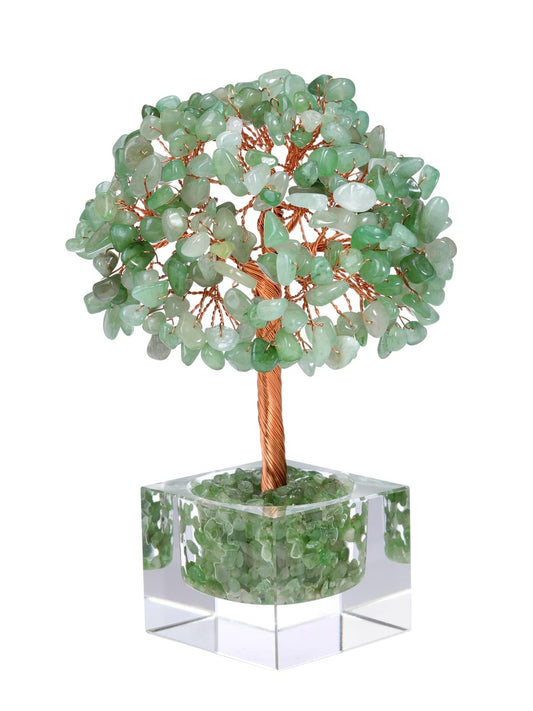 Jovivi Large Crystal Tree with Square Glass Base, Green Aventurine Healing Crystals Tree Life Natural Chipped Gemstone Money Trees Feng Shui Good Luck Positive Energy Home Desk Decor