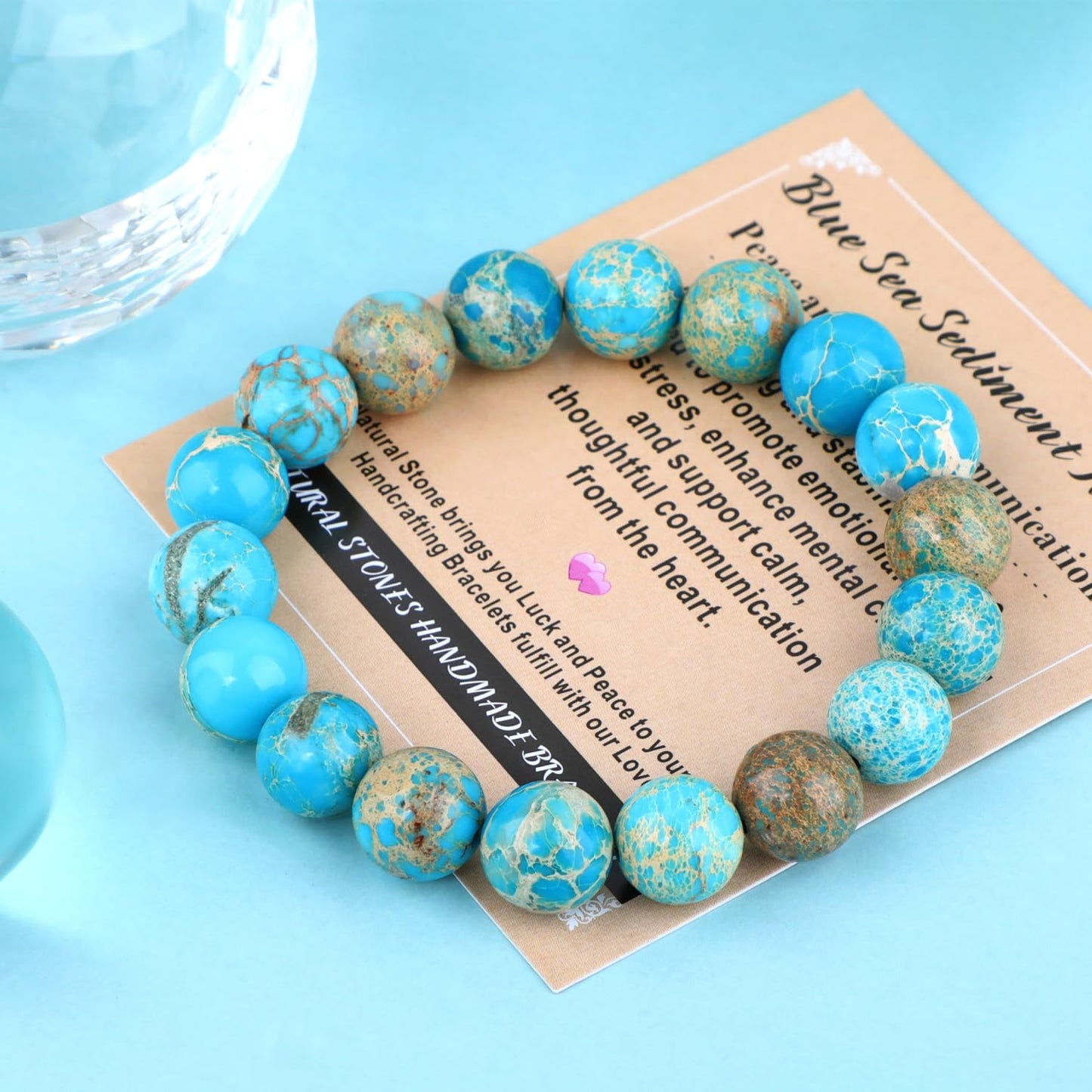 AD Beads 10mm Handmade Blue Sea Sediment Imperial Jasper Elastic Bracelet – Natural Gemstone for Joy & Positivity – Meditation, Yoga, Healing and Energy Gift for Men Women