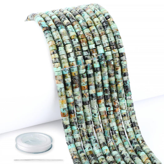 Natural African Turquoise Heishi Spacer Beads Loose Semi Precious Flat Round Gemstone Disc Shape Stone for Beading Jewelry Making 4x2mm 15.5"