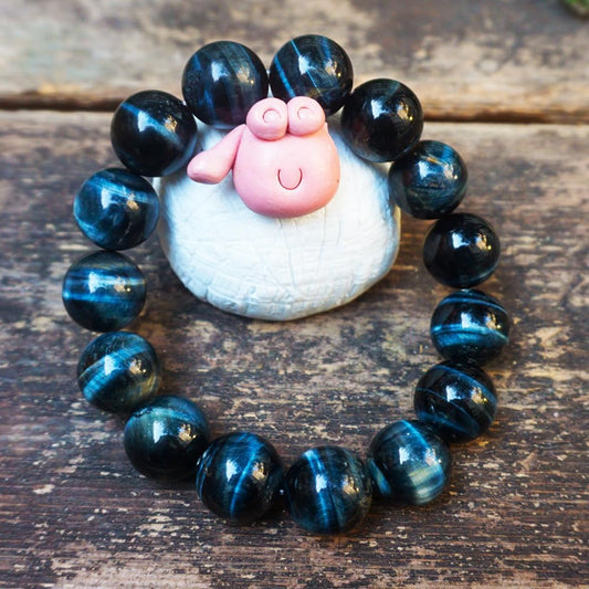 TaHLga Blue Tigers Eye Mens Bracelet 16MM | Fits for About 8" XLarge Wrist | Natural Solar Plexus Chakra Gemstones | Bring Luck Wealth Courage | Protection from Evil | Gift