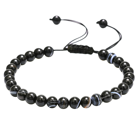 Amazing Gemstone Black Sulemani Hakik Bracelet for Women Men's Gifts - Protection Healing Crystal Bracelet - 6mm Gemstone Beaded Adjustable Bracelet Pulseras Para Hombres Mujer Stocking Stuffers