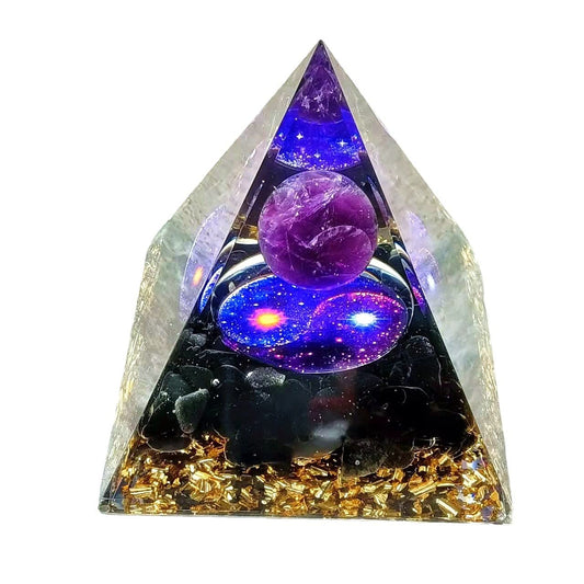 ycyingcheng Moonstone Crystal Orgone Pyramid Ogan Crystal Energy Tower, Nature Reiki Chakra Crushed Stone Jewelry, Crystal Pyramid for Home Decor (Taichi Starry Sky)