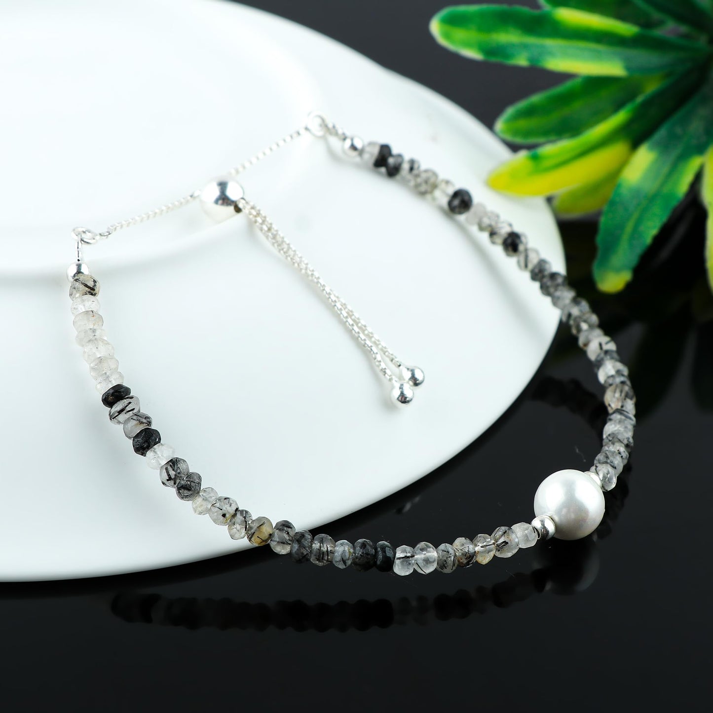 CRYSTALINES Natural Black Rutilated Quartz Gemstones Beads Bolo Bracelet with Pearl, High Grade, Handmade Bracelet, Healing Crystals, Silver Jewelry, Adjustable Chain, Gift for Women, 10inch