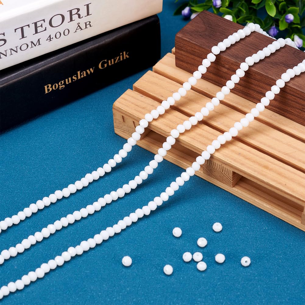 Elecrelive 1100Pcs 4mm White Glass Beads Rondelle Faceted Crystal Glass Beads Tiny Loose Crystals 10 Strands for Bracelets Necklace Earring Jewelry Making