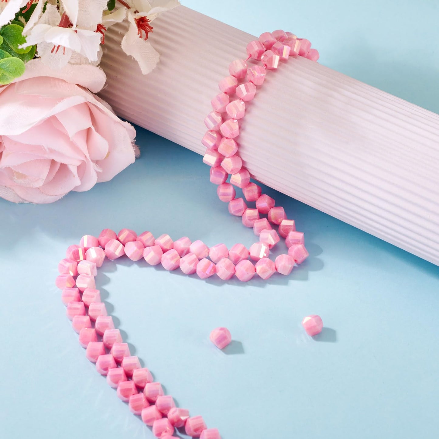 Elecrelive 100Pcs Pink Faceted Glass Beads Twist Crystal Beads Two Tone Imitation Jade Gems for Bracelet Necklace Jewelry Making