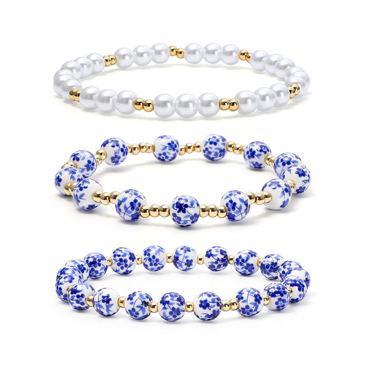Dainty Pearl Beads Bracelet for Women Blue And White Vintage Ceramics Flower Bracelet Handmade Stretch Cute Beaded Romantic stackable Jewelry Gifts