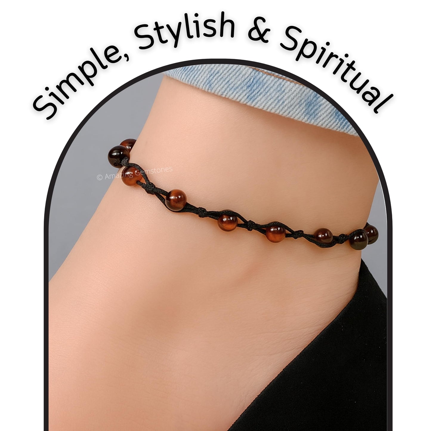 Amazing Gemstone Red Tiger Eye Anklet Ankle Bracelets for Women - Waterproof Beaded Healing Crystal Anklets, Plus Size Chakra Gemstone Bead Anklet (Stretchy Adjustable - Hand Knotted)