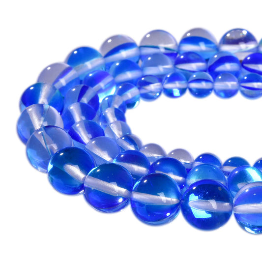 Asingeloo 38PCS 10mm Blue Angel Aura Quartz Round Gemstone Polished Mermaid Aura Moonstone Smooth Stone Loose Beads Crystal Quartz for DIY Jewelry Making 1 Strand 15'