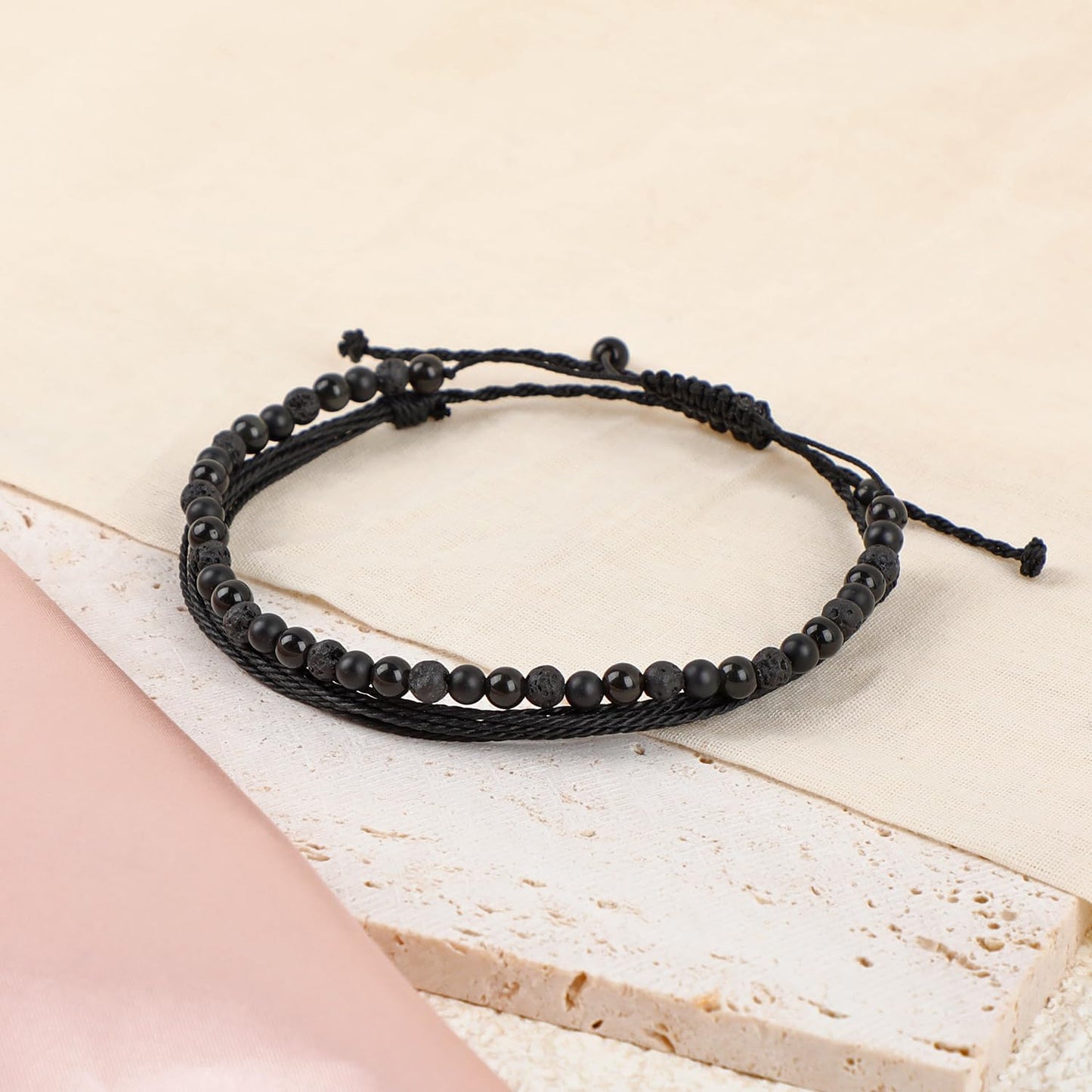 LPBeads 4mm Onyx Lava Obsidian Mixed stone Bracelet with Handmade Rope Bracelet Size Adjustable Natural Stone Crystal Healing Bracelets Gifts for Unisex Adults