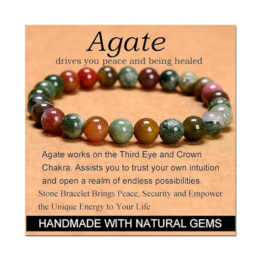 CHELYQST Indian Agate Bracelet - Stone of Peace and Being Healed,Stretch Natural Stone Crystal Beads Jewelry Gifts for Women Men Unisex Adult,8mm