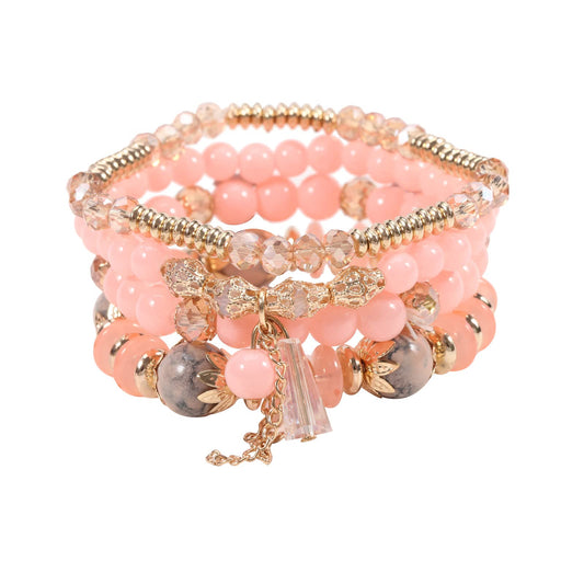 Bohemian Green Jade Stackable Bracelet Set - 4-Layer Stretch Beaded Bracelets with Gold Accents, Boho Jewelry for Women, Fashion Statement Accessory (Gift Ready) (Cherry Blossom Pink)