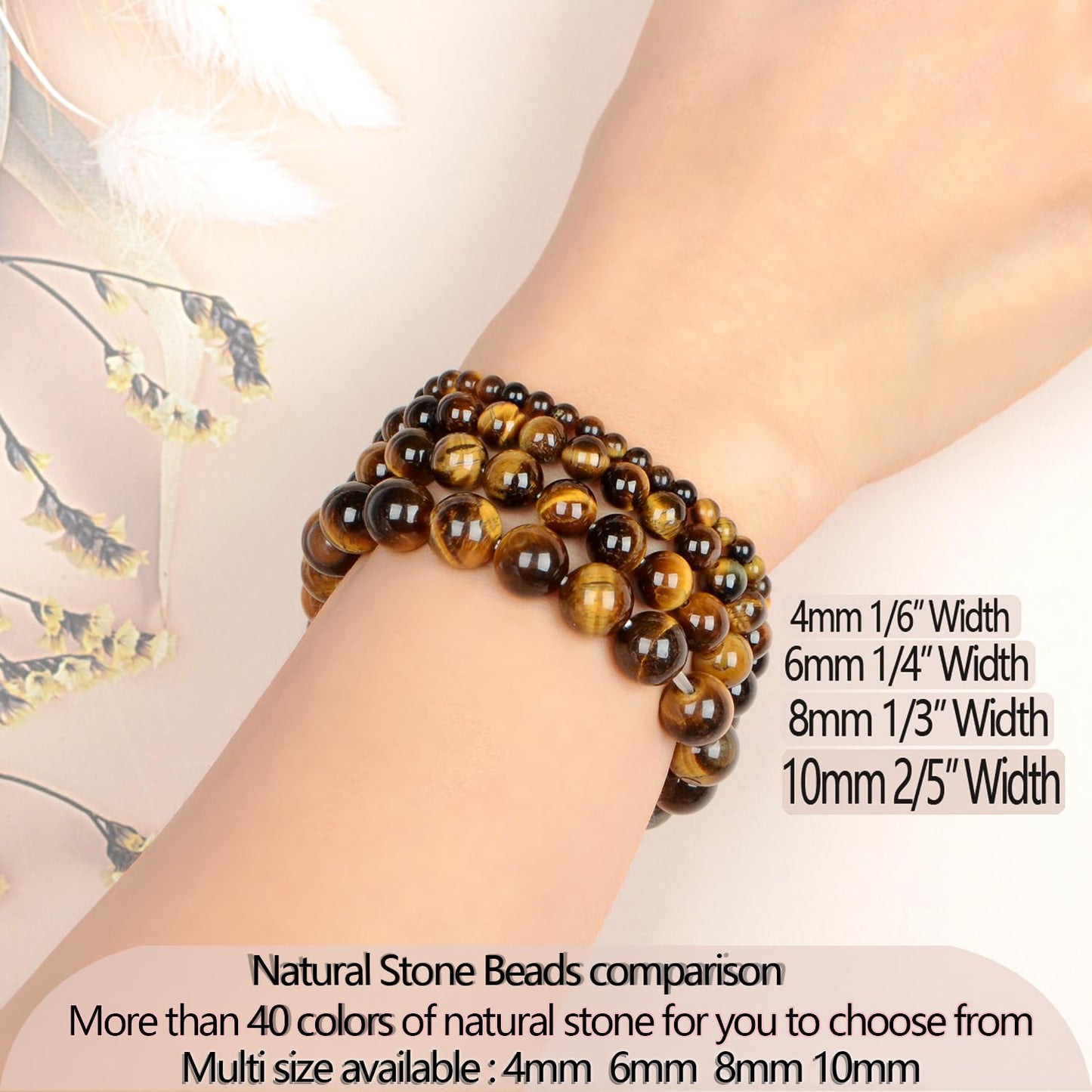 LPBeads Handmade Natural Gemstone Stretch Elastic 6mm Yellow Tiger's Eye Bracelet Healing Crystal Round Stone Beads Jewelry Gifts for Women Men
