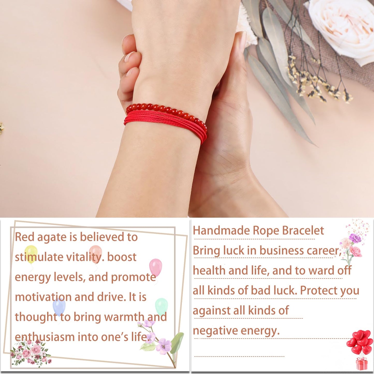 LPBeads 4mm Red Carnelian Bracelet with Handmade Rope Bracelet Size Adjustable Natural Stone Crystal Healing Bracelets Gifts for Unisex Adults