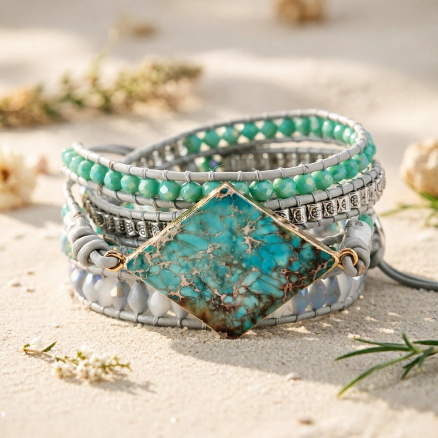 YGLINE Wrap Bracelets Crystal Beaded Bohemian Style Jasper Leather Woven Healing Stone Jewelry(Blue)