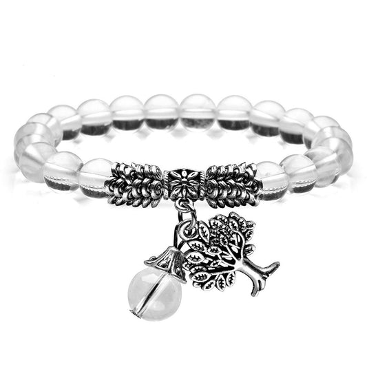 Jovivi 8MM Clear Quartz Natural Gemstone Healing Crystal Tree Life Lucky Charm Stretch Bracelet