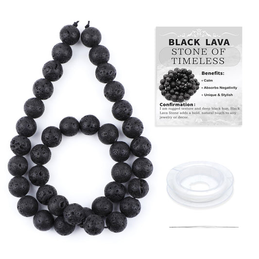 CMBYN Natural Stone Beads Round Genuine Real Stone Beading Strand Loose Gemstones DIY Smooth Bead for Bracelet Necklace Earrings Jewelry Making (Black Lava, 10mm 36 Pieces)