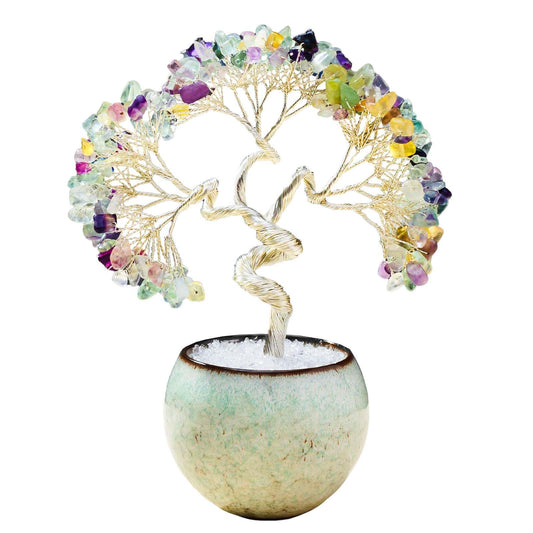 Runyangshi Color Fluorite Crystal Tree of Life - 7in Chakra Crystal Money Tree with 297 Natural Healing Crystal Gemstone for Feng Shui, Luck, Balancing Energy Home Decor & Spiritual Gift