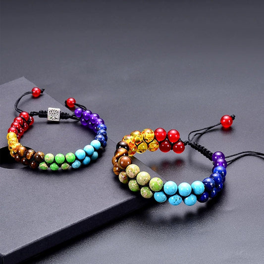 Long tiantian 7 Chakra Beaded Bracelet with Adjustable Cord Colorful Stone Style Beads for Yoga Meditation Daily Wear