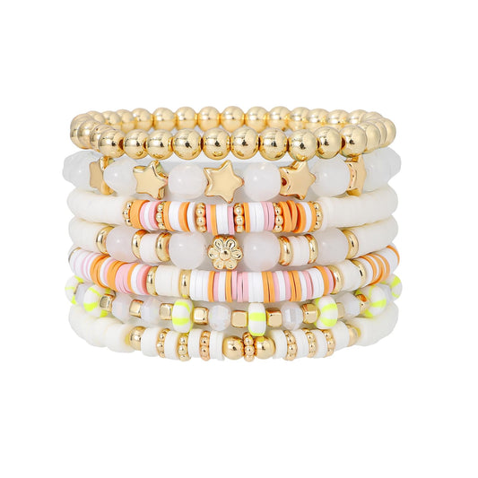 GOOJIDS Surfer Heishi Clay Bead Bracelets for Women Bohemian Stackable Gold Plated Beaded Stretch Bracelets Elastic Layering Friendship Bracelets Set Boho Jewelry