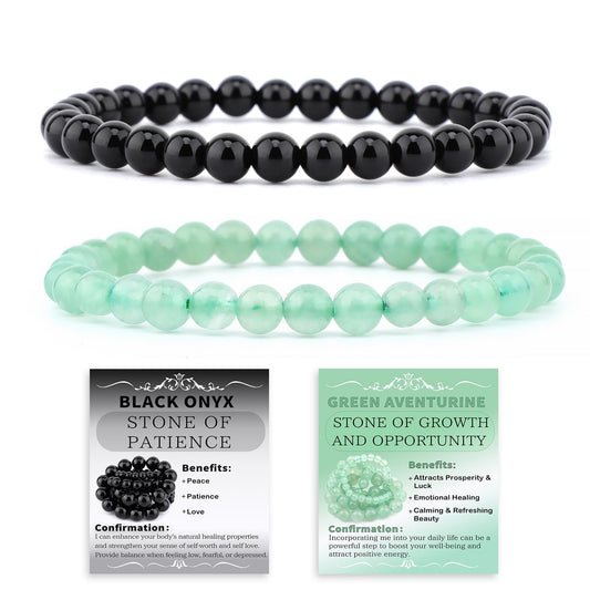 NCB 2-Piece 6mm Natural Crystal Gemstone Stretch Bracelets – ﻿Black Onyx, Green Aventurine Handmade Reiki Energy Healing Jewelry for Meditation,Yoga, Unisex