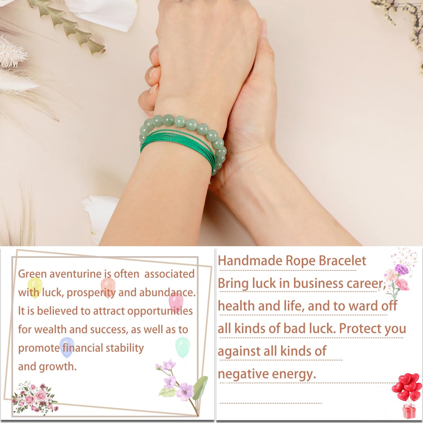 LPBeads 8mm Green Aventurine Bracelet with Handmade Rope Bracelet Size Adjustable Natural Stone Crystal Healing Bracelets Gifts for Unisex Adults