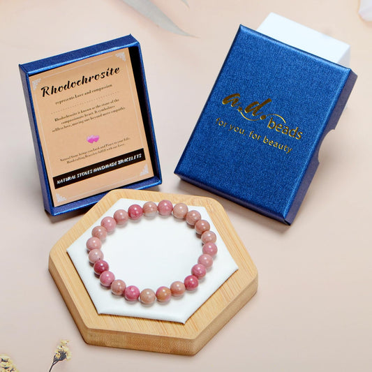 AD Beads Handmade Gemstone Stretch Elastic Bracelet Crystal Healing Reiki Nature's Beauty and Spiritual Essence Unisex (6mm, Rhodochrosite)