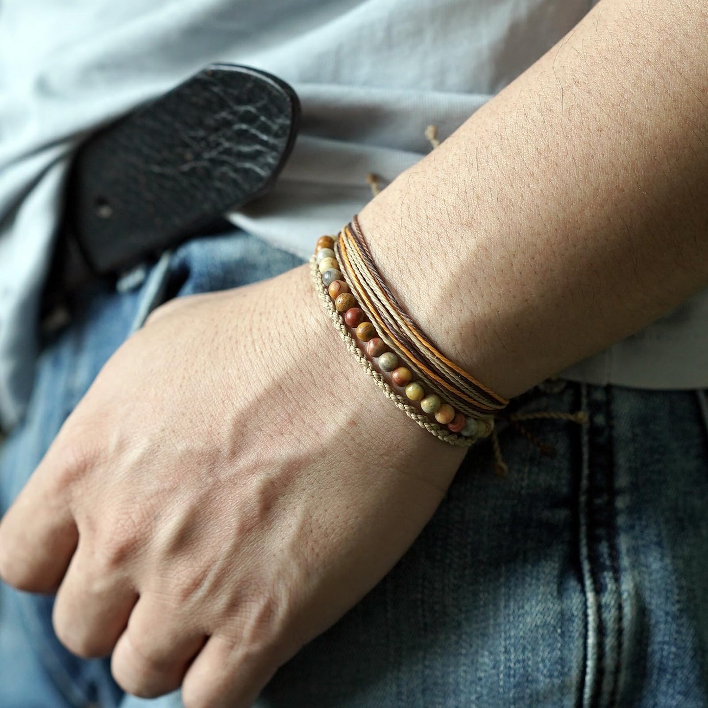 Handmade Natural Stone Beaded Healing Bracelet Gift for Men Adjustable Rope String Bracelet (Crazy Agate, Adjustable)