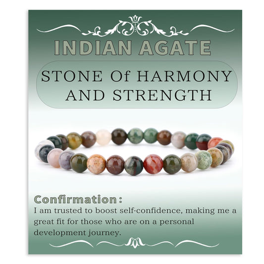 Bymitel 6mm Indian Agate - Handmade Reiki Gemstone Stretch Bracelet, Natural Beauty & Spiritual Essence, Crystal Healing for Unisex Adults