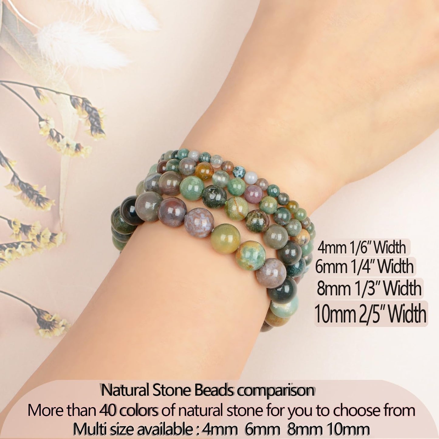 LPBeads Handmade Natural Gemstone Stretch Elastic 6mm Indian Agate Bracelet Healing Crystal Round Stone Beads Jewelry Gifts for Women Men