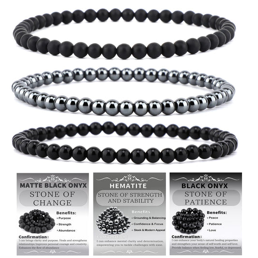 CMBYN 3-Pieces 4mm Natural Crystal Gemstone – ﻿Black Onyx, Hematite, Matte Black Agate Handmade Reiki Energy Healing Stretch Bracelets Jewelry for Yoga, Meditation, Unisex