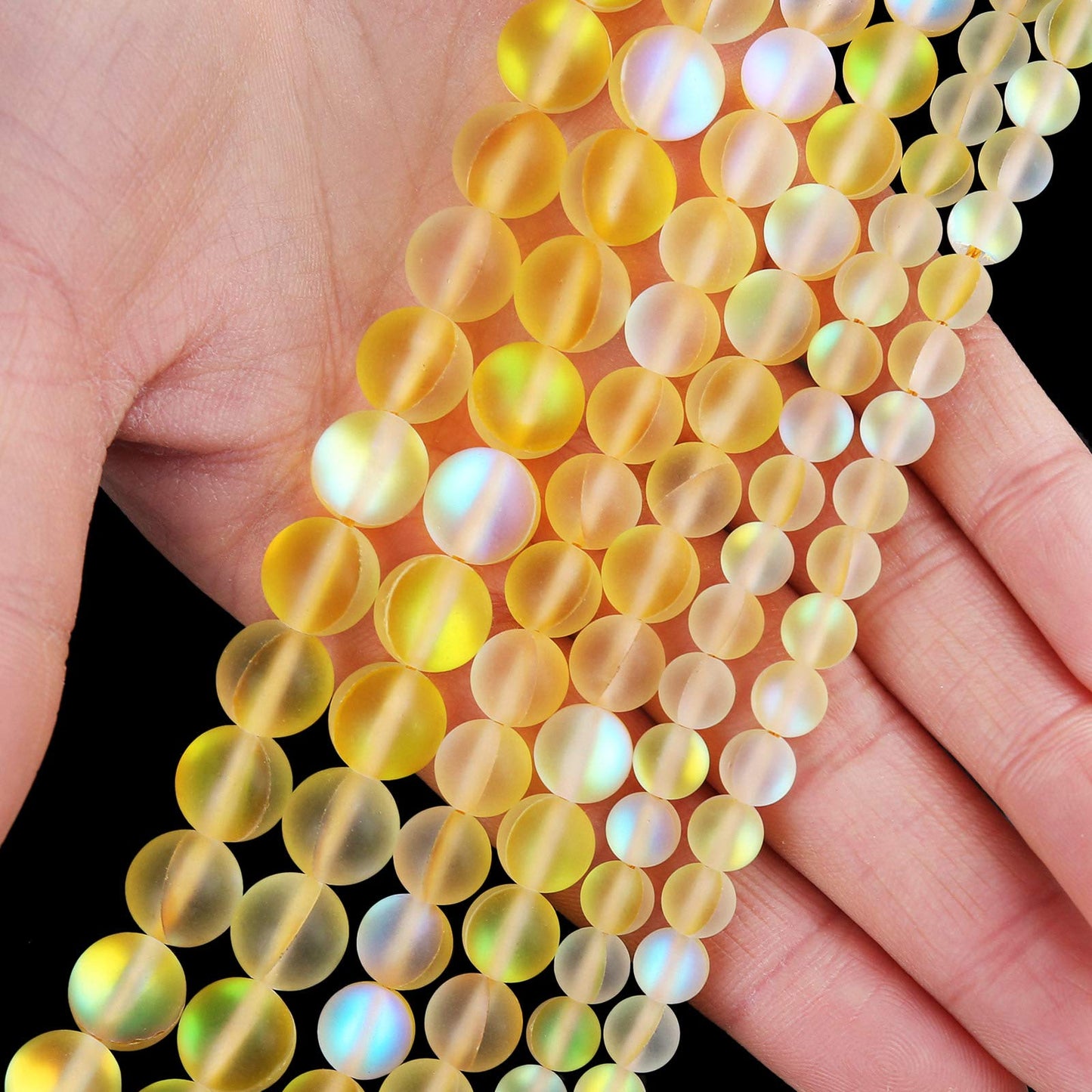 Matte Yellow Aurora Crystal Glass Beads, 10MM Frosted Glitter Shining Mermaid Round Loose Beads, Rainbow Holographic Synthetic Moonstone for Jewelry Making DIY Bracelet