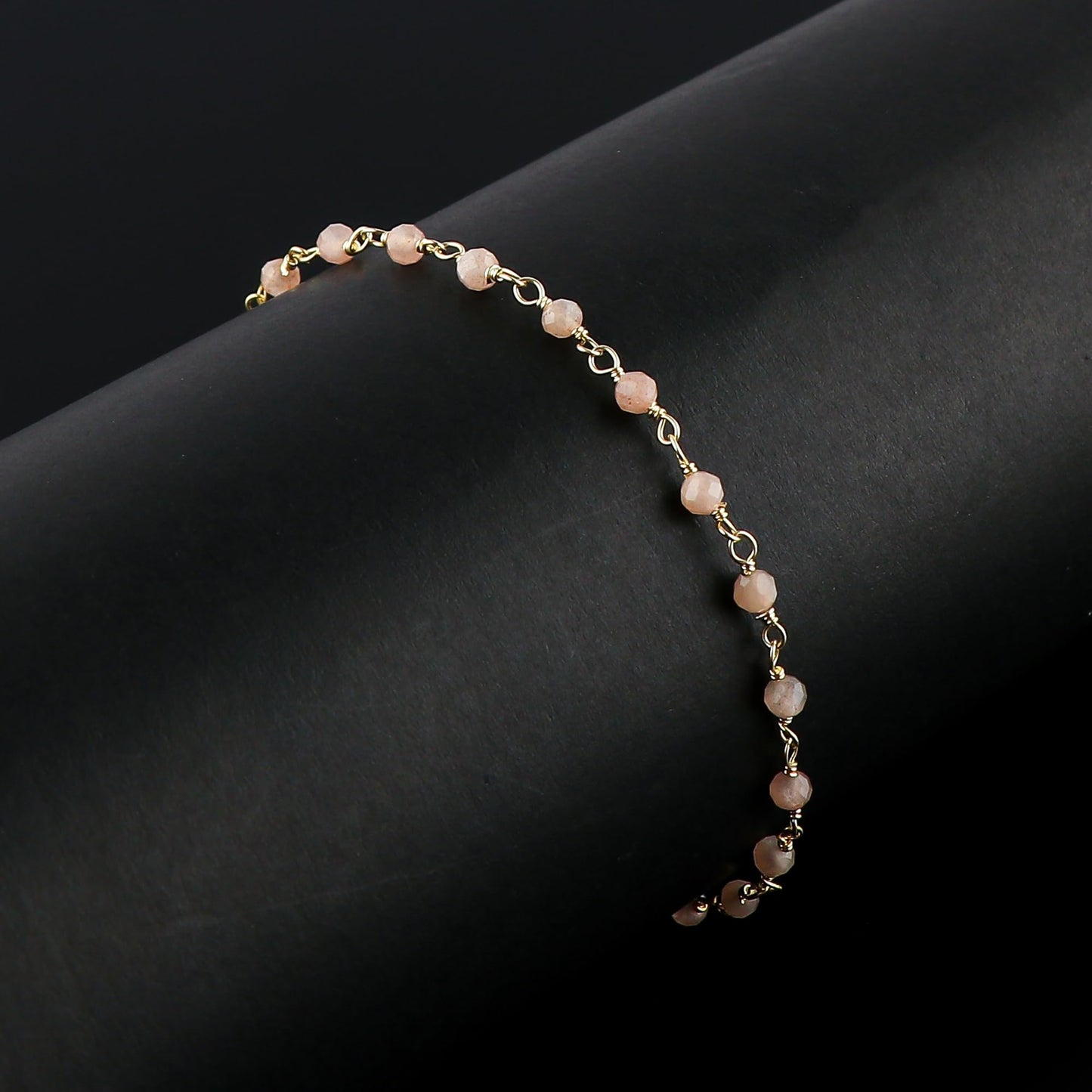 CRYSTALINES Natural Peach Moonstone Gemstone Cluster Bracelet, 14K Gold Plated Rosary Chain Beads, Handmade Bohemian Jewelry for Women, Healing Crystals, Birthday Christmas Gift, 8"